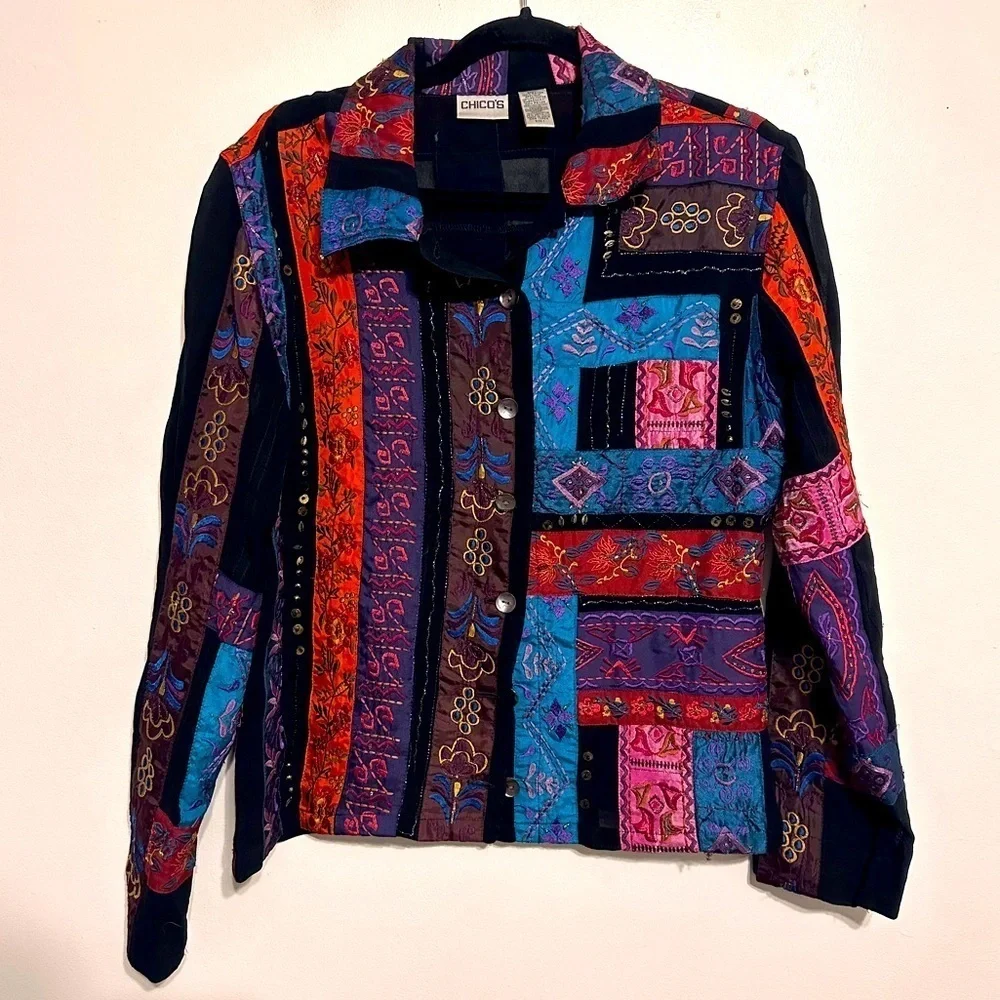 Chicos Boho Patchwork Appliqué Colorful Rayon Button Down Jacket Top Medium